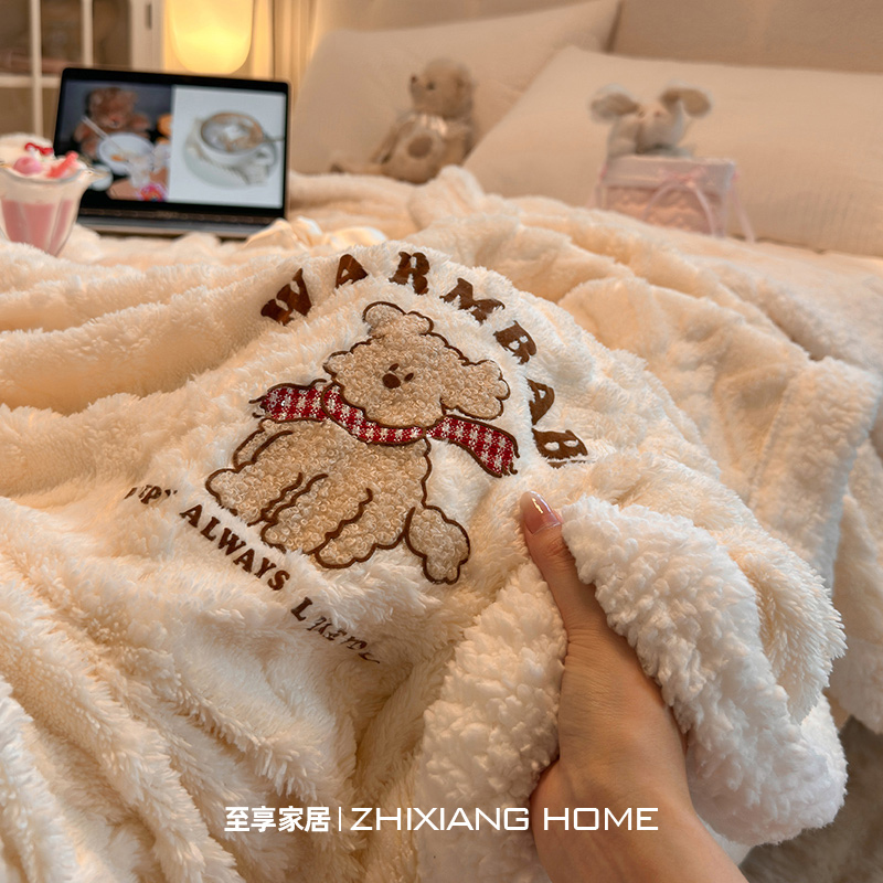 Cute Taffeta Lamb Fleece Blanket, Thickened for Winter, Office Nap Blanket, Air-Conditioned Sofa Cover Blanket, for Use on the Bed