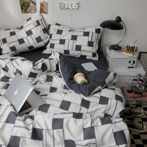 ins grid four pieces of covered pure cotton full cotton bed by hood summer student three sets washed cotton single double bed hat