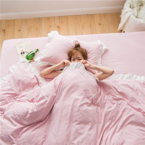 Light and luxurious edge ins four pieces of princess lace pure color washed cotton quilts bed linen beds Three sets in bed