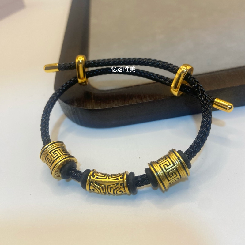New Copper Alloy Tattooed Fortune Bead Bracelet for Men, Cool Black Leather Cord Bracelet for Men and Women, Couple Style