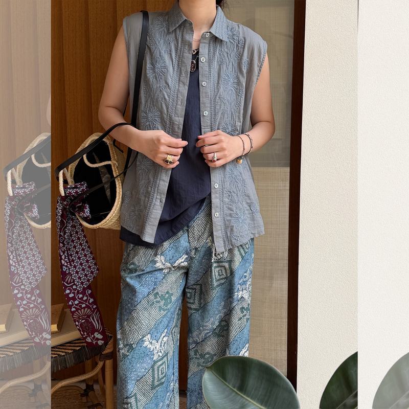 Maison Hotel Spanish Brand's Self-Recommended Striped Embroidered Floral Button Sleeveless Shirt
