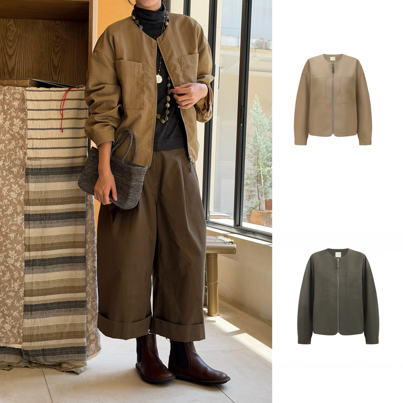 Deepmoss Quicksand Casual Loose Short Jacket with Double Chest Pockets 26 Autumn New Style Juneshan Deepmoss Quicksand Casual Loose Short Jacket with Double Chest Pockets 26 Autumn New Style Juneshan