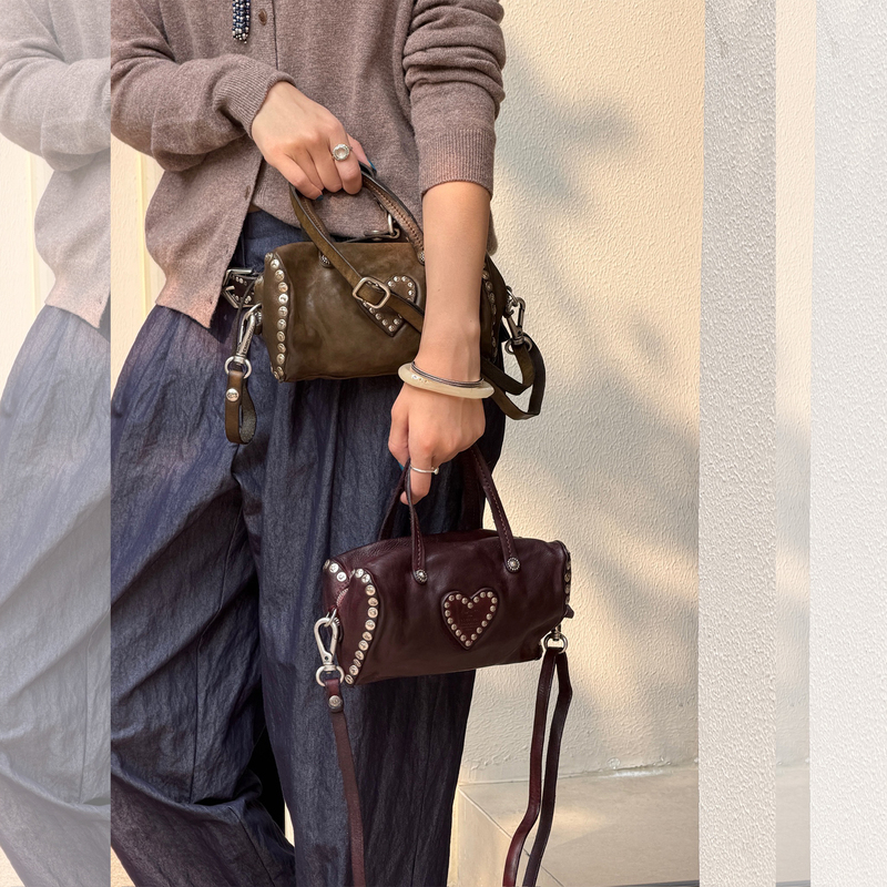 Campomaggi Italian Brand Classic Leather Retro Heart Silver Rivet Dolly Crossbody Handbag