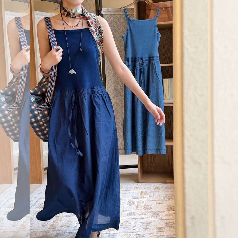 Whm Light Blue Indigo Dyed Ribbed Patchwork Vacation Sleeveless Vest Dress 26 Spring and Summer New Style Juneshan Whm Light Blue Indigo Dyed Ribbed Patchwork Vacation Sleeveless Vest Dress 26 Spring and Summer New Style Juneshan