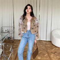 Light luxury fee plus marble fox fur woven fur coat womens color painting high waist slim short coat winter