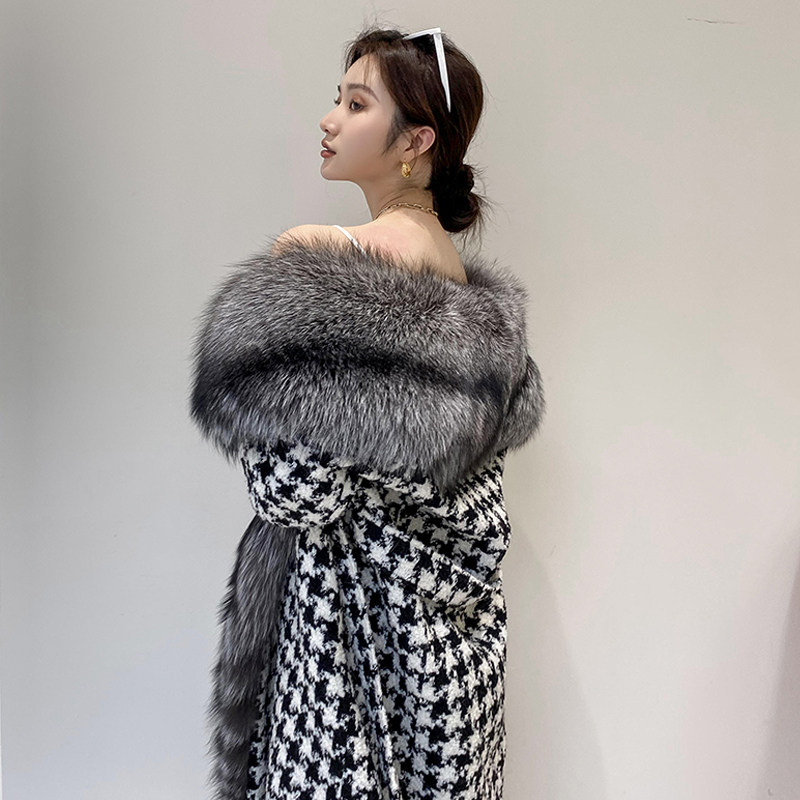 Whole leather silver fox fox fur big fur collar fur coat women's houndstooth woolen belt is thin over the knee long coat