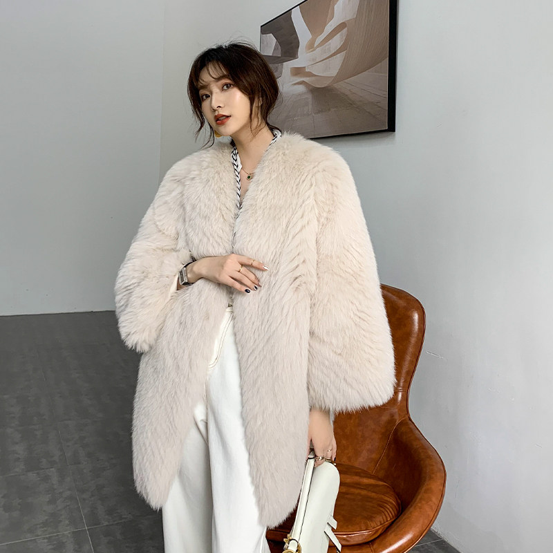 QUEEN 2021 whole leather fox fur open strip fur mid-length coat women's profile coat Hainingdong
