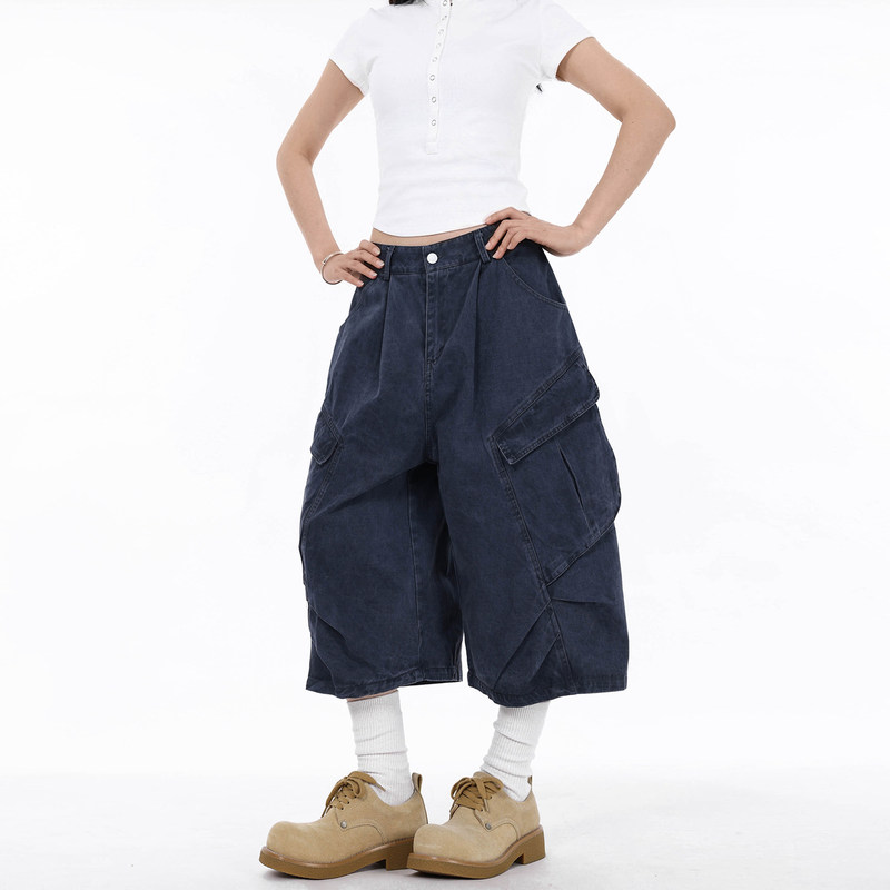 American High Street Style Large Pocket Design Cropped Pants for Men and Women, Summer Vintage Loose Casual Wide-Leg Pleated Cargo Shorts