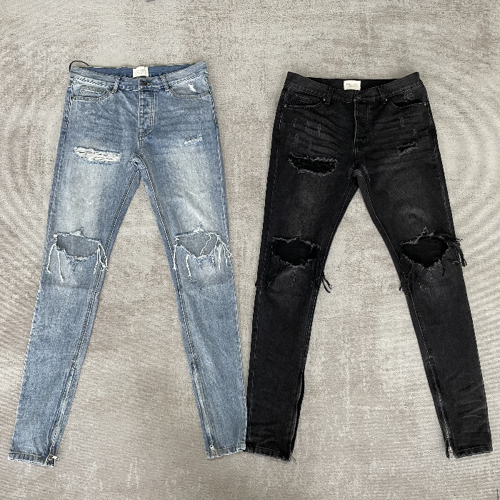 Essentials Czfog4Th Ripped Blue Jeans for Men and Women, Black Jeans, High Street Style, Slim Fit, Washed Distressed Jeans