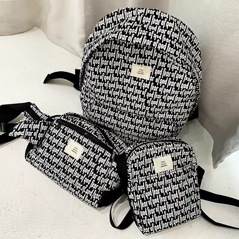 Essentials Czfog Old-Style Full-Print Backpack with Printed Text and High Street Trendy Waist Bag Crossbody Bag