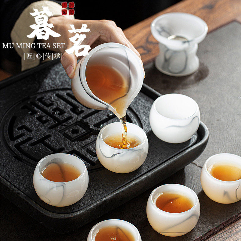 Glass tea set light luxury white jade kung fu tea cup home office cover bowl tea cup high-end high-end kung fu tea set
