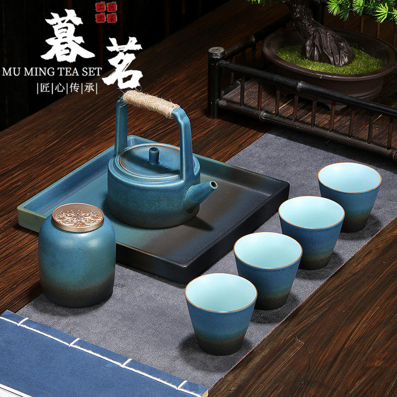 LENIBERK Day style coarse pottery small suit Kung fu tea furniture with simple whole set of ceramic teapot tea cup with tea tray
