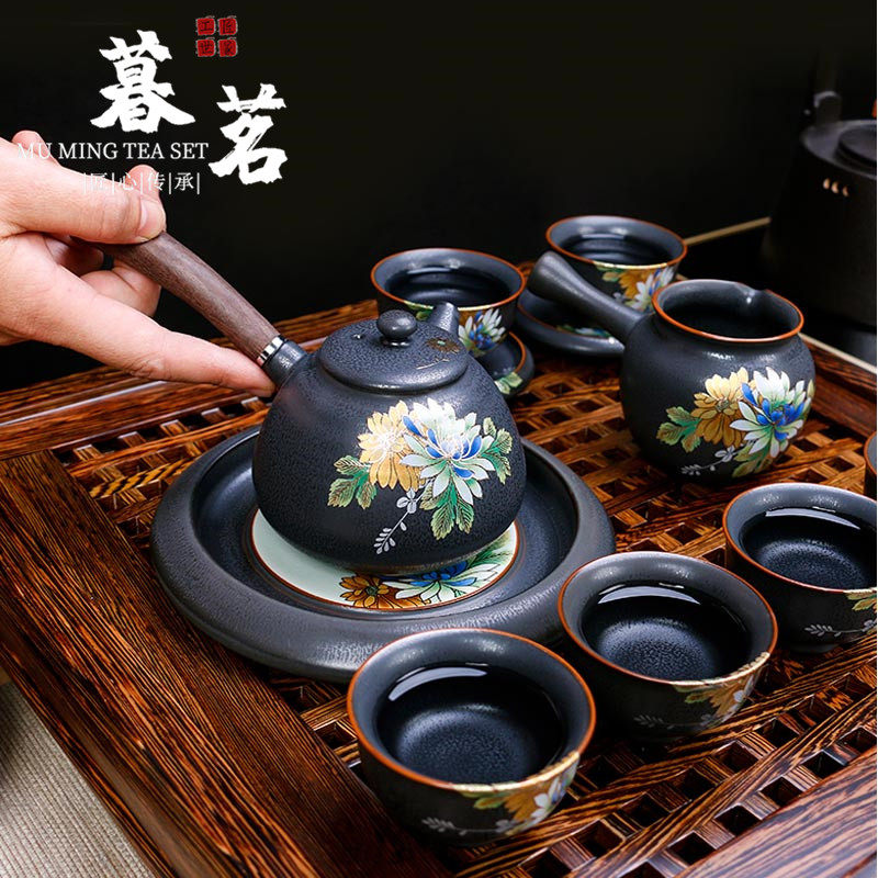 LENIBERK three-dimensional pick flowers vintage black pottery household tea set KUNG FU ceramic side handle pot gift tea set