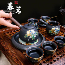 LENIBERK three-dimensional grilled flower retro black pottery home tea set kung fu ceramic side pot gift tea set