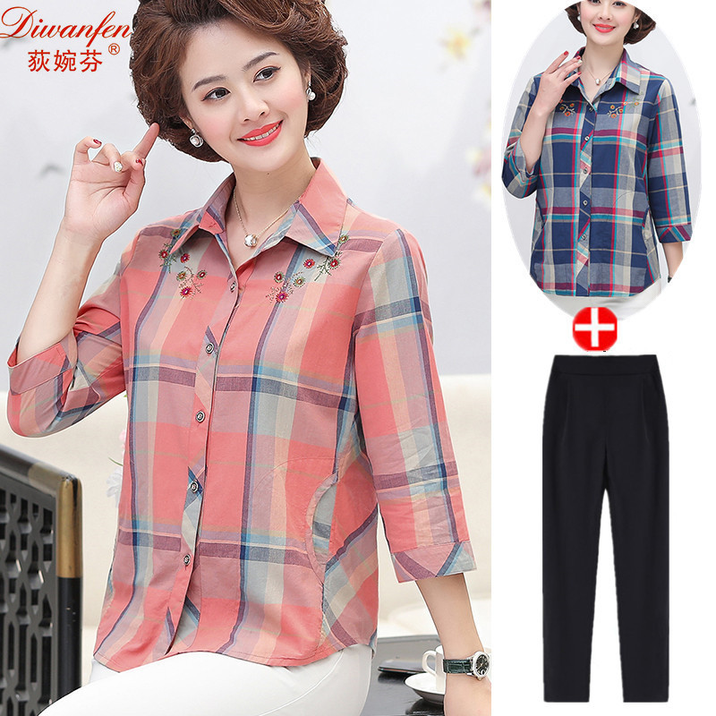 Middle-Aged and Elderly Women's Cotton Shirts, Summer Plaid Pure Cotton Shirts, Women's Mother's Clothing, Summer Tops, Two-Piece Set
