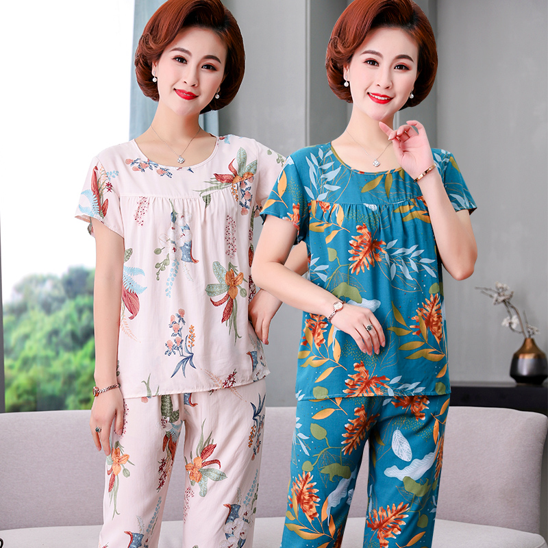 Cotton silk pajamas women's summer mother's summer thin section short-sleeved middle-aged and elderly people's rayon suit summer cotton silk two-piece set