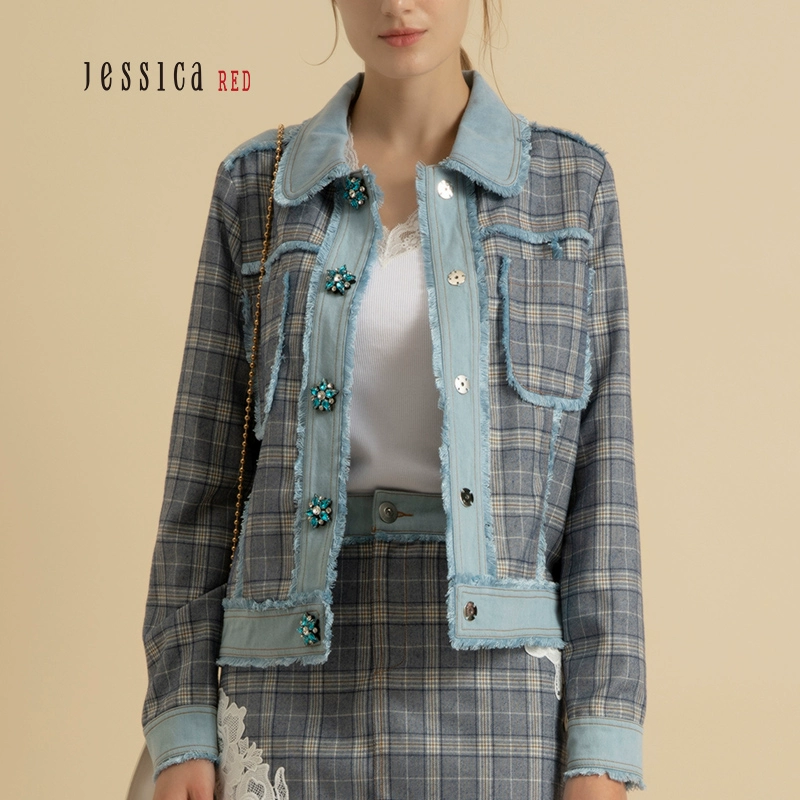 JessicaRED áo khoác ngắn nữ mùa xuân và mùa hè kẻ sọc mới denim kẻ sọc nữ áo khoác nữ ngắn - Áo khoác ngắn