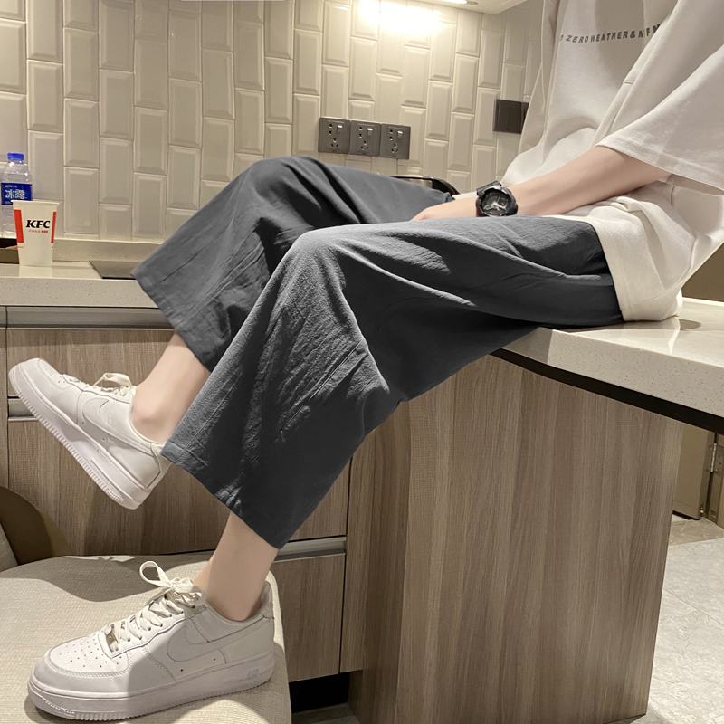 Summer Thin Linen Casual Pants for Men, Japanese Style, Gray, Three-Quarter Length, Air-Conditioning Pants, Loose Wide-Leg Nine-Quarter Pants