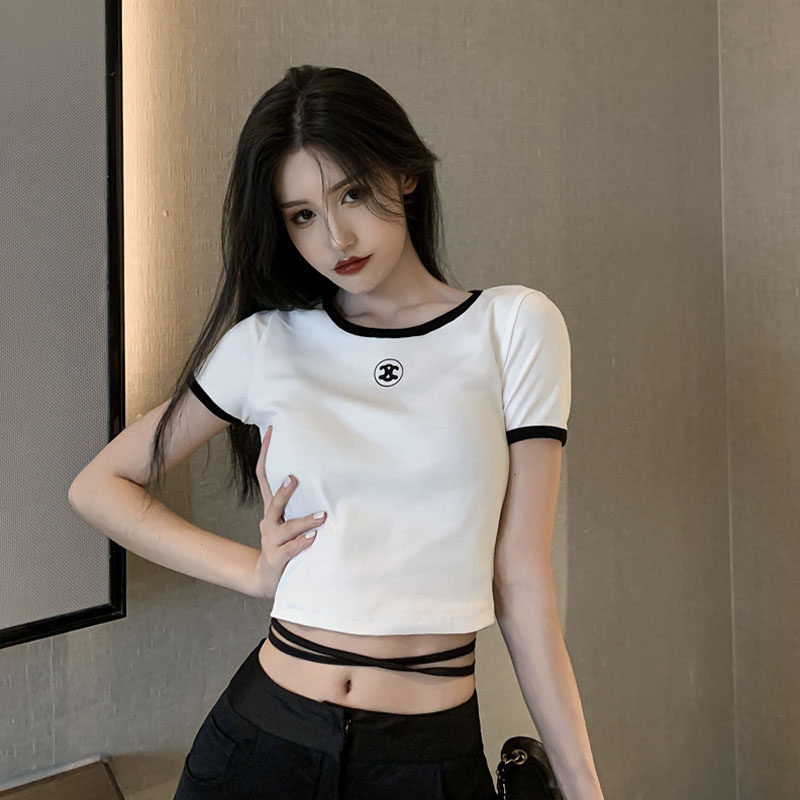 小香风短袖女夏天欧货网红辣妹短款修身高腰上衣时尚潮流露脐T恤