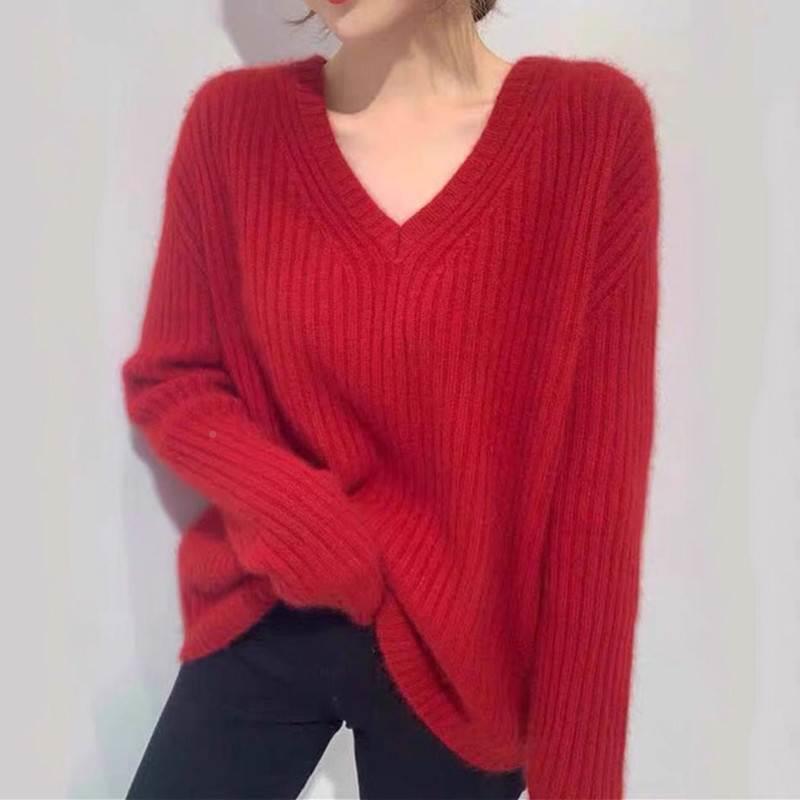 Retro Lazy Style Red Sweater for Women 2026 New Style High-End Outer Wear Loose Mohair V-Neck Knitwear