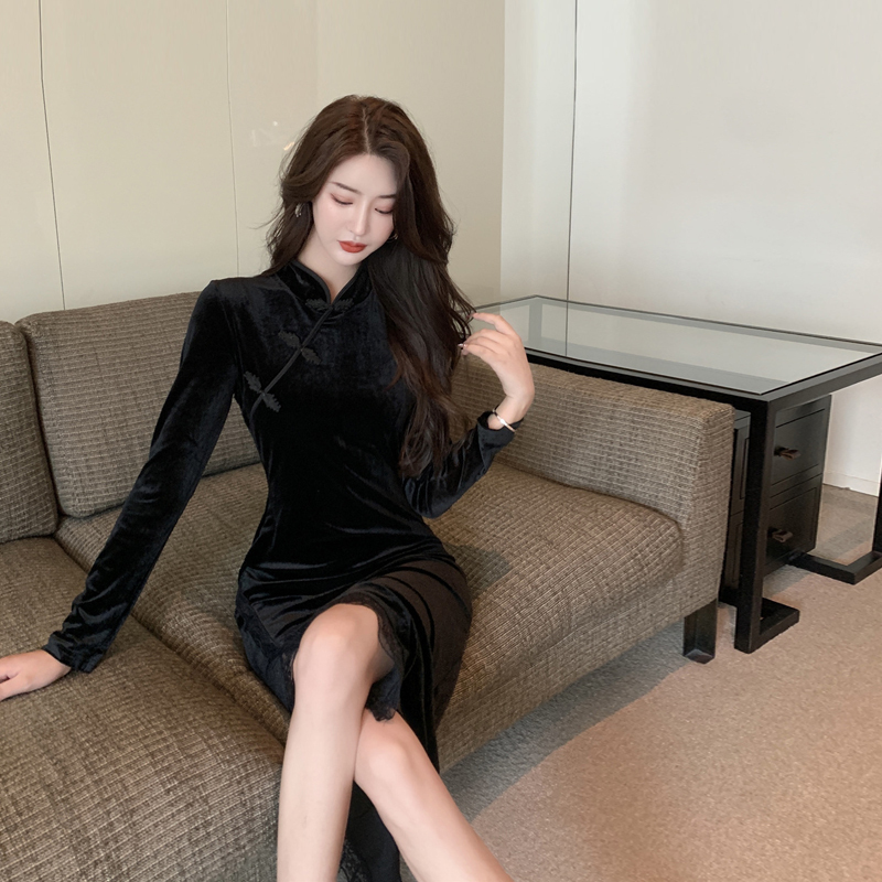 Retro black cheongsam, velvet elite dress, Chinese style Retro black cheongsam, velvet elite dress, Chinese style