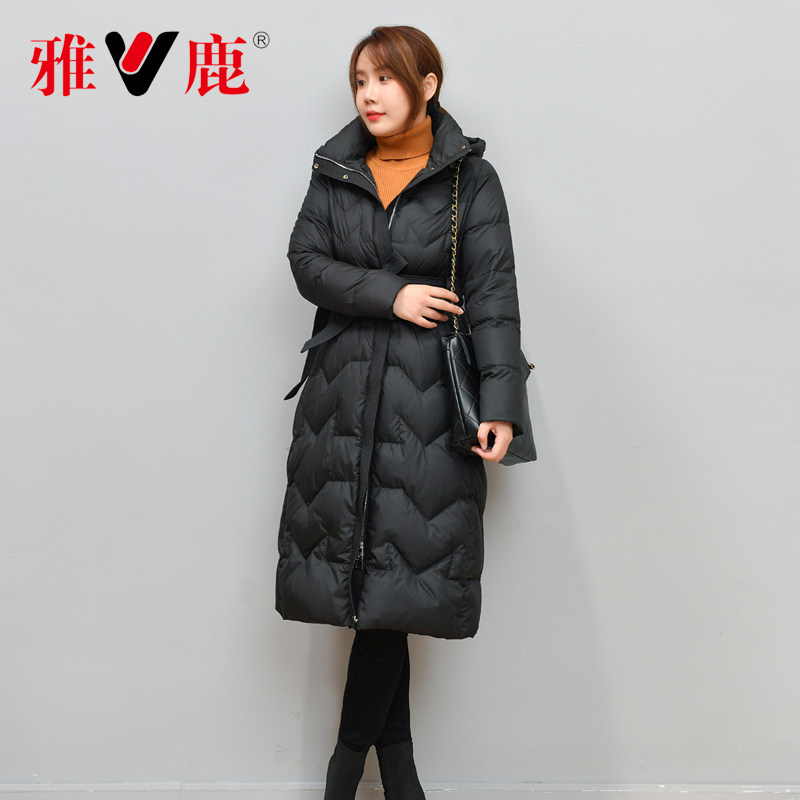High-end mid-length hooded down jacket women's 2023 winter new fashion over-the-knee tie white duck down casual jacket