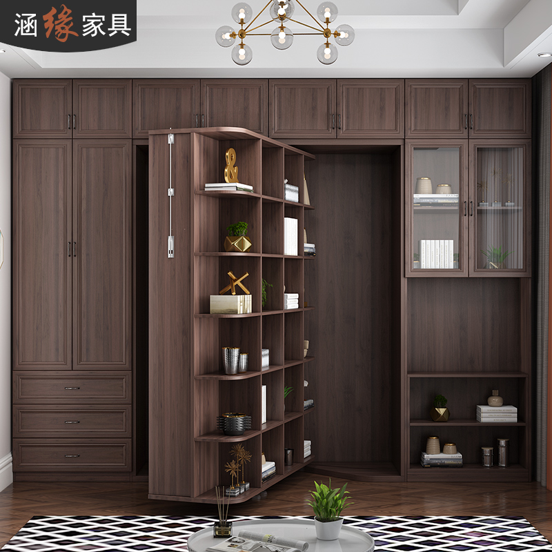 Hanyuan Nordic dark walnut color rotating bookcase invisible bed combination cabinet multi-functional wall bed hidden bed turning bed