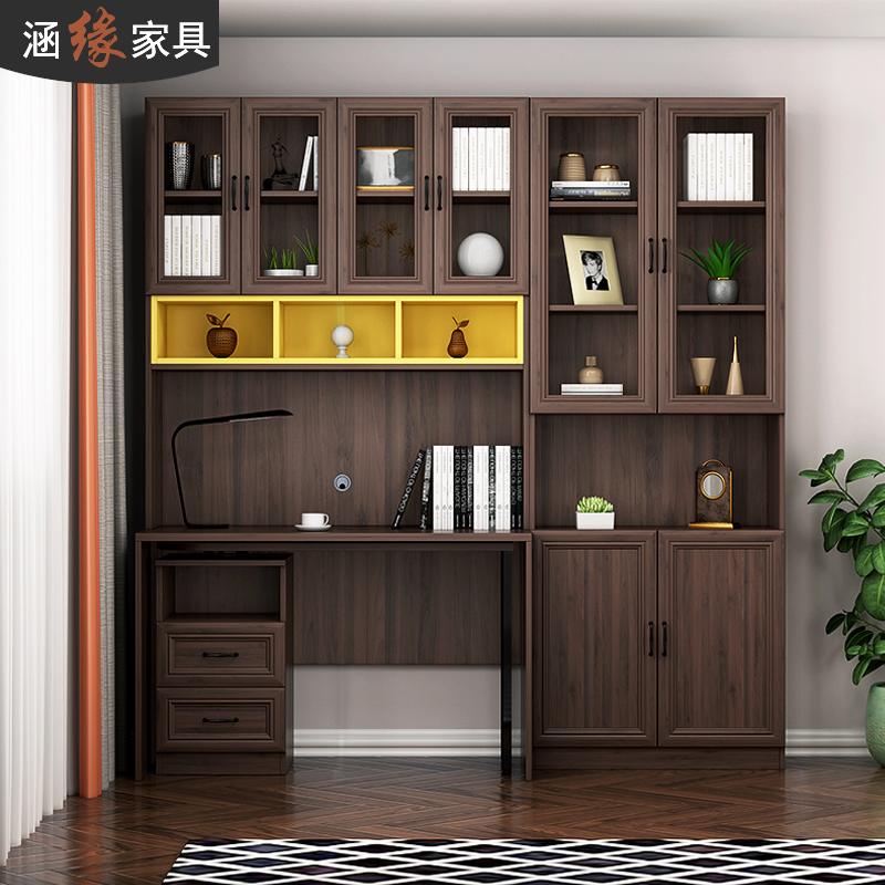 Culvert Nordic dark Walnut color study room Rotating computer table bookcase one-piece multi-function combination study table customization