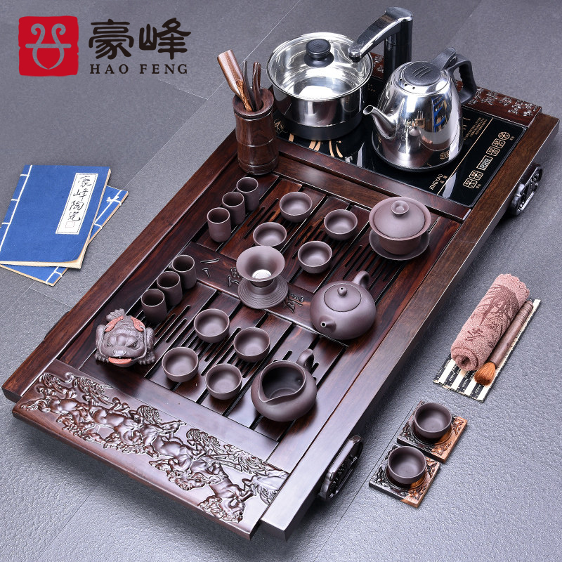 HaoFeng ebony wood tea tray ceramic gifts sets of a complete set of violet arenaceous kung fu tea set with four unity of electrical appliances