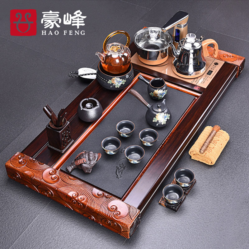 HaoFeng purple sand tea set home four unity automatically ebony tea tray was kung fu tea tea tea