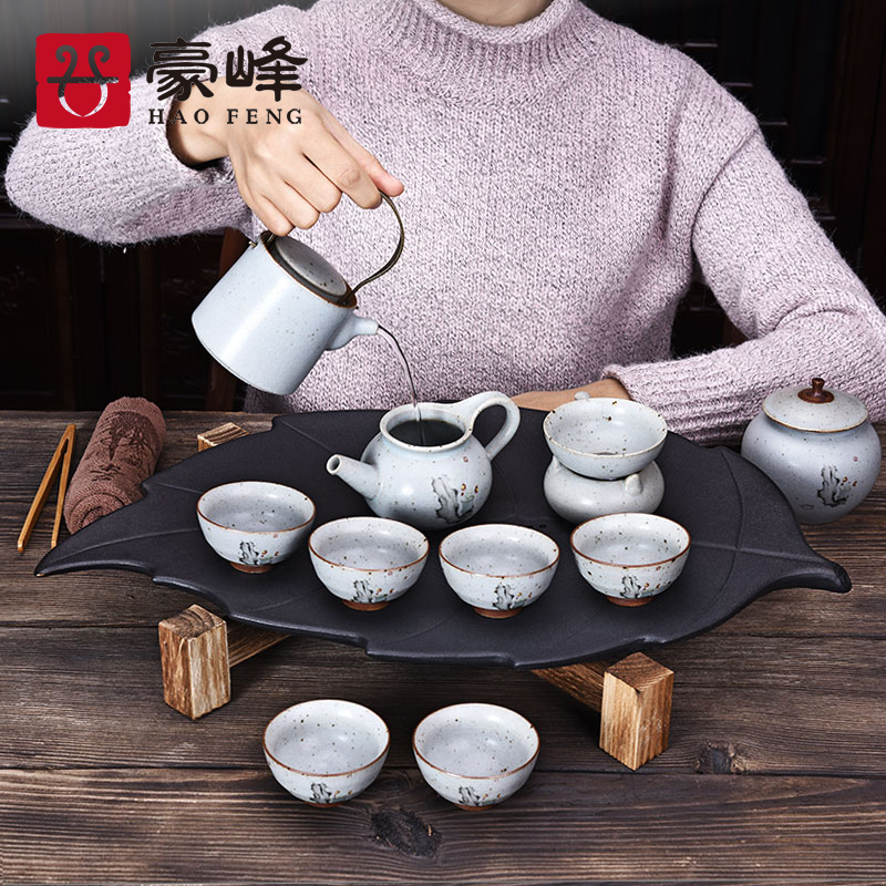 HaoFeng purple sand tea set of household solid wood tea tray tea sets tea sea kung fu tea set of a complete set of ceramic tea cups