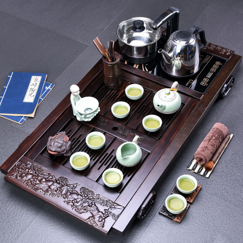 HaoFeng ebony wood tea tray ceramic gifts sets of a complete set of violet arenaceous kung fu tea set with four unity of electrical appliances