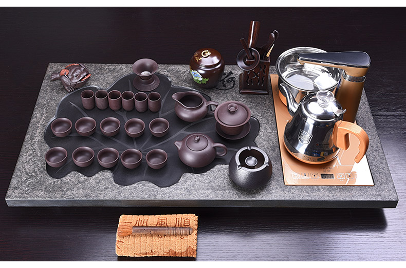 HaoFeng ceramic tea set suit household sharply stone solid wood tea tray was kung fu tea tea purple sand teapot teacup