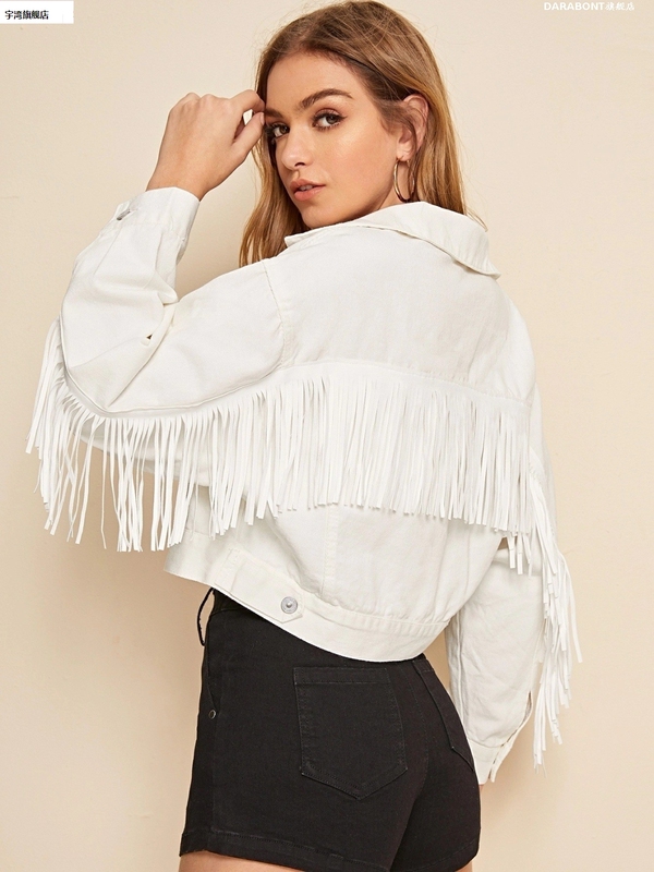 Fashionable Spring and Autumn Trendy Stand-Up Collar Women's Tassel Denim Jacket White Jacket Trendy Versatile