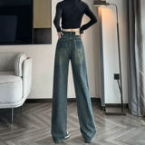 Джинсы, ретро осенние штаны, свободный прямой крой, высокая талия, с вышивкой