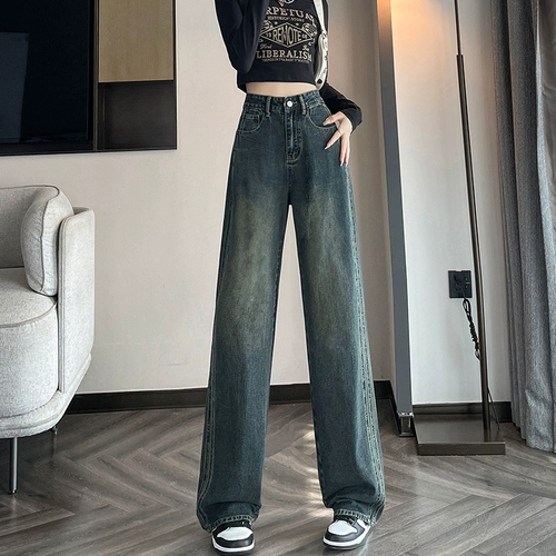 Джинсы, ретро осенние штаны, свободный прямой крой, высокая талия, с вышивкой