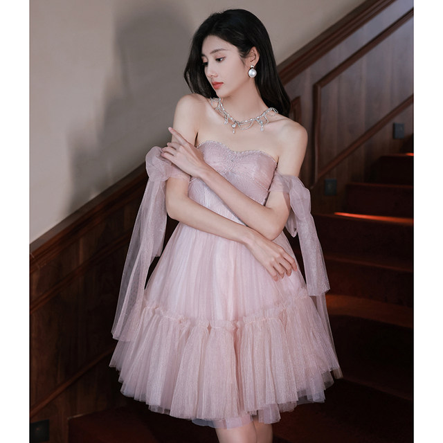 Pink high-end small evening dress female light luxury niche tube top small man short birthday host dress autumn and winter