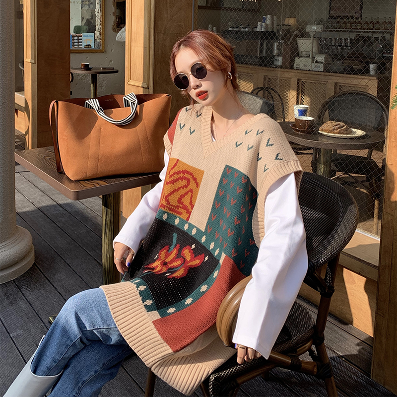 提花v领毛衣背心女 韩版复古宽松显瘦针织马甲慵懒风时尚无袖坎肩