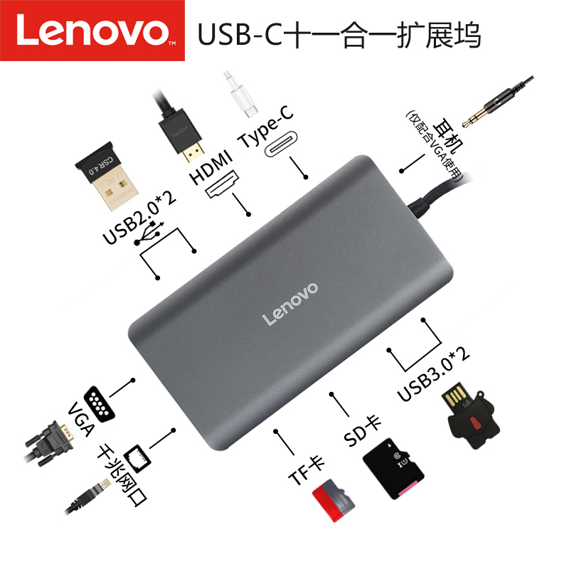 Lenovo Type-C Docking Station Lx0801 Adapter Cable Vga Multi-Function Converter HDMI Docking Station Hub Laptop Monitor Adapter Suitable for MacBook