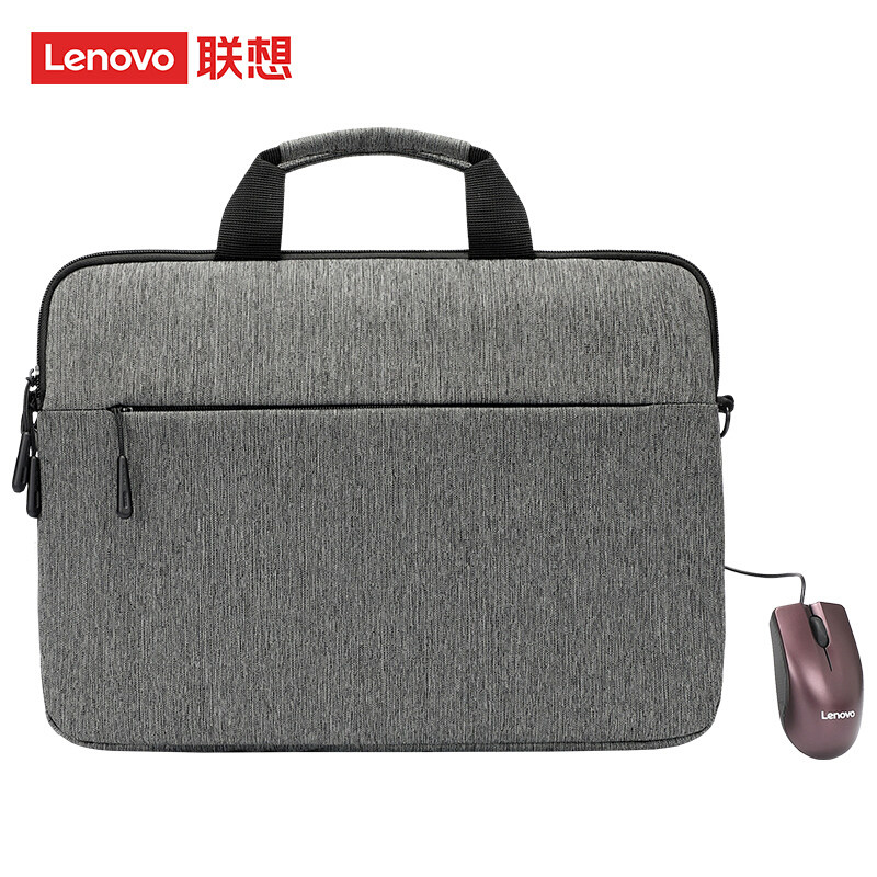 联想（Lenovo）电脑包15.6英寸手提公文包 商务斜挎轻薄便携单肩包鼠套装 灰色
