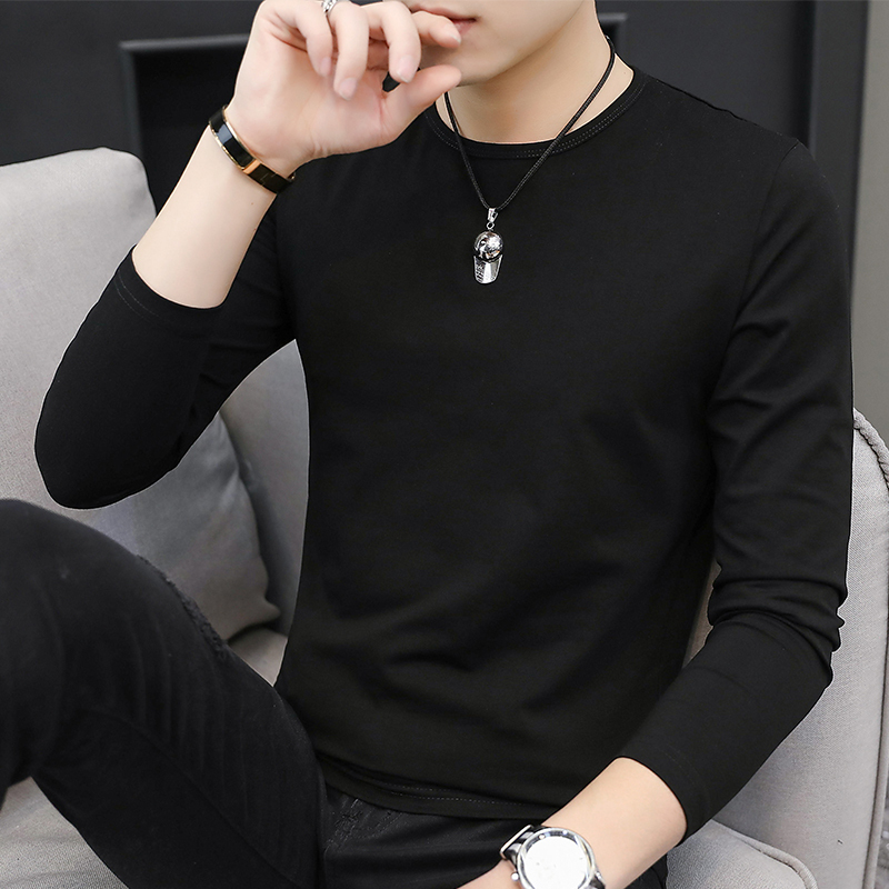Spring and Autumn Thin Modal Men's Long-Sleeve T-Shirt, Pure Black Top, Base Layer, Slim Fit, Thermal Underwear, Autumn Clothing with Fleece
