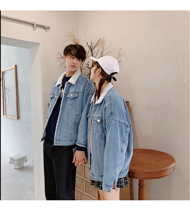 Áo khoác cùng màu mùa thu và áo khoác lông cừu mùa đông 2018 đôi áo khoác denim nam phiên bản Hàn Quốc cộng nhung dày áo phao dáng dài