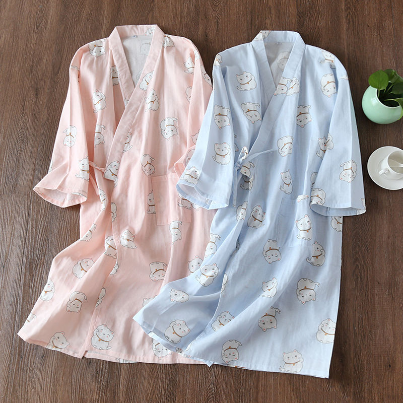 Gauze kimono bathrobe nightdress Ladies summer and autumn cotton Japanese long sleeve nightgown cute sweat steamed cotton pajamas