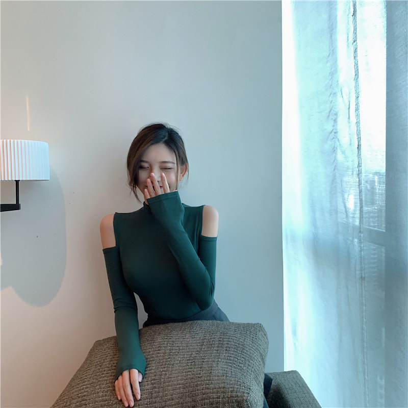 Блузка 性感露肩修身显瘦气质黑色打底衫女体恤上衣ins百搭港风2025秋冬
