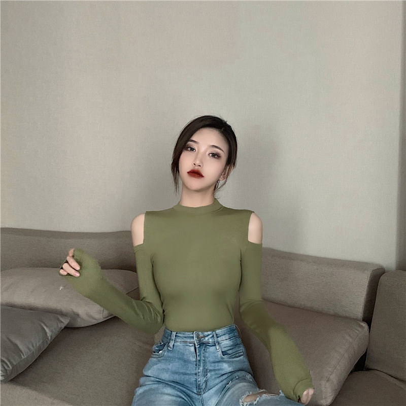 Блузка 性感露肩修身显瘦气质黑色打底衫女体恤上衣ins百搭港风2025秋冬