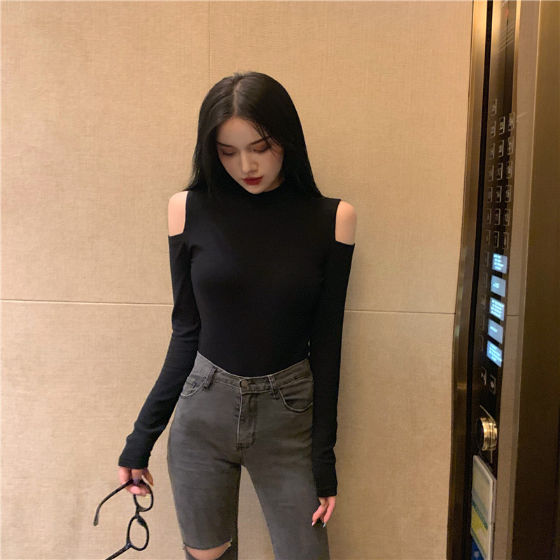 Блузка 性感露肩修身显瘦气质黑色打底衫女体恤上衣ins百搭港风2025秋冬