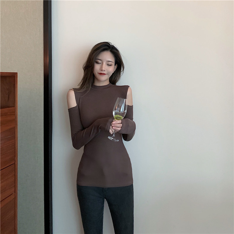 Блузка 性感露肩修身显瘦气质黑色打底衫女体恤上衣ins百搭港风2025秋冬