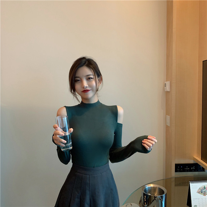 Блузка 性感露肩修身显瘦气质黑色打底衫女体恤上衣ins百搭港风2025秋冬