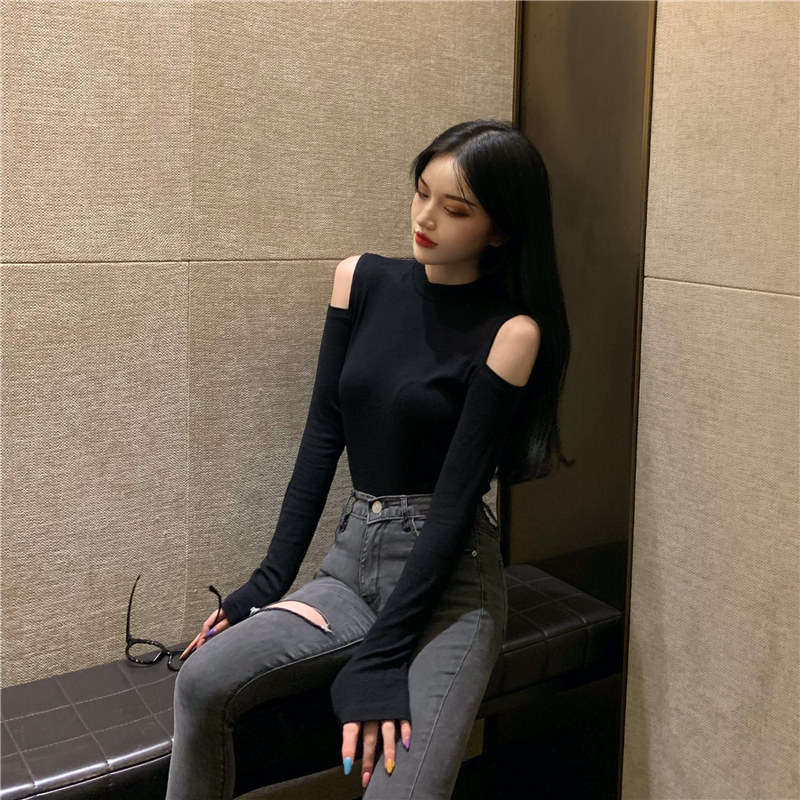 Блузка 性感露肩修身显瘦气质黑色打底衫女体恤上衣ins百搭港风2025秋冬