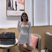 2020 Autumn new womens large size white square collar design sense skirt sexy bag hip light mature style dress
